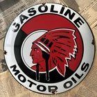VINTAGE INDIAN GASOLINE MOTOR OILS 12 INCH CONVEX PORCELAIN ENAMEL SIGN