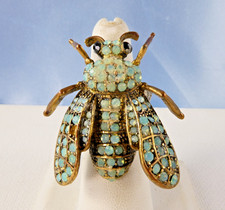 Gigantic BEE Ring Brass Silver Tone Wide Band Size 6.5 w/ Green Rhinestones