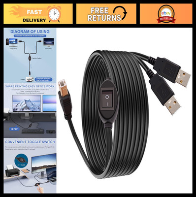 2-in-1 USB Printer Cable Splitter, Dual USB A Cord for 2 Computers, 4.5M Length