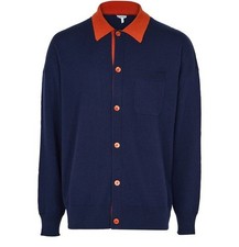LOEWE Polo Navy Blue Wool Cardigan New Authentic