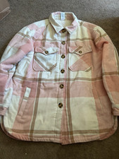 Pink Cream Plaid Button Front Sherpa Lined Flannel Shirt Jacket Shacket M