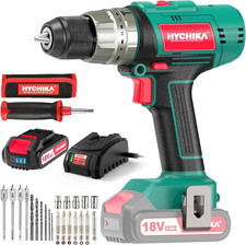 HYCHIKA 18V Cordless Hammer Drill, 400 In-Lbs Torque, 2.0Ah Battery, LED Light