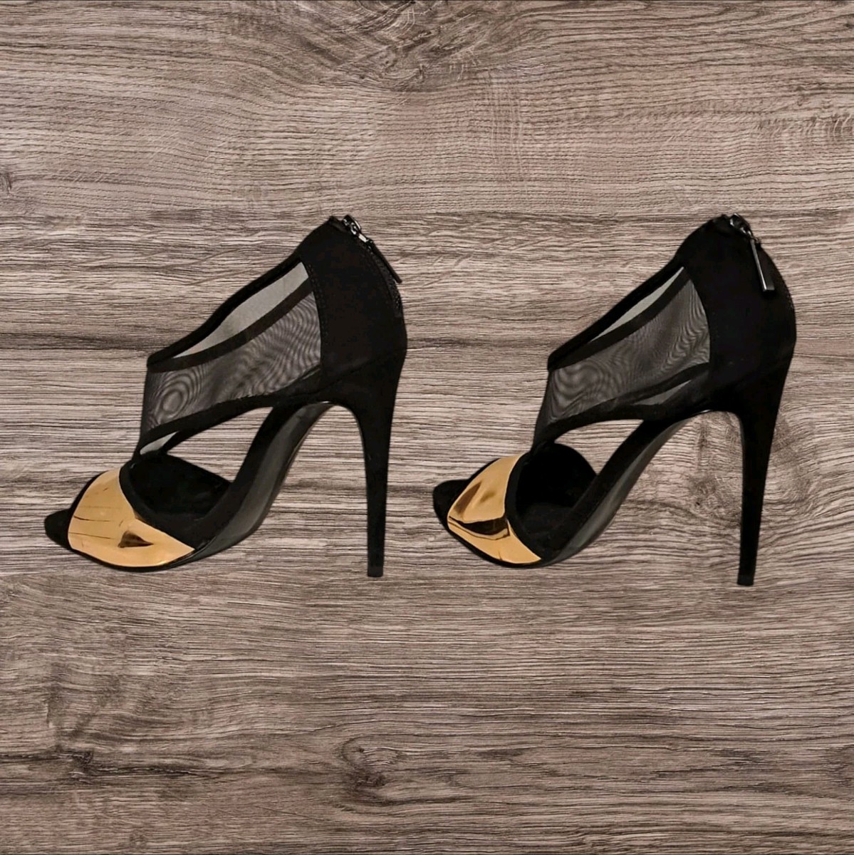 ZARA WOMAN Womens Sandals Black Gold High Heels Open Toe