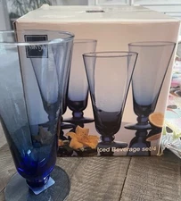 Set Of 4 Mikasa Domain Blue Tall Iced Tea Glasses 8" Tall NIB