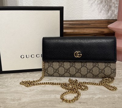 Gucci GG Marmont Bi Color Wallet Chain Ebony Black Beige Clutch