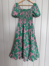 J Crew Dress XXS Green Pink Smocked Midi Puff Sleeve Floral Print Prairie BO654