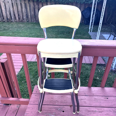 Vintage Cosco Yellow Step Stool Chair w/Pull Out Steps & Chrome Legs 1950s