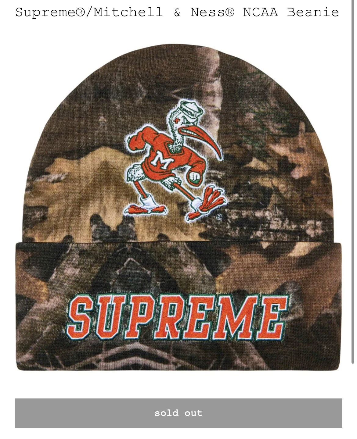 Supreme Mitchell & Ness NCAA Beanie Miami Camouflage à la main ? Livraison rapide et gratuite