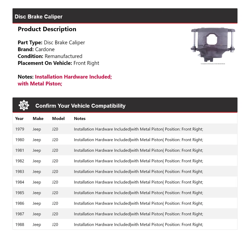 Pinza de freno de disco delantera derecha Cardone 1980 1981 1982 para Jeep J20 1979-1988 Foto 2 de 4