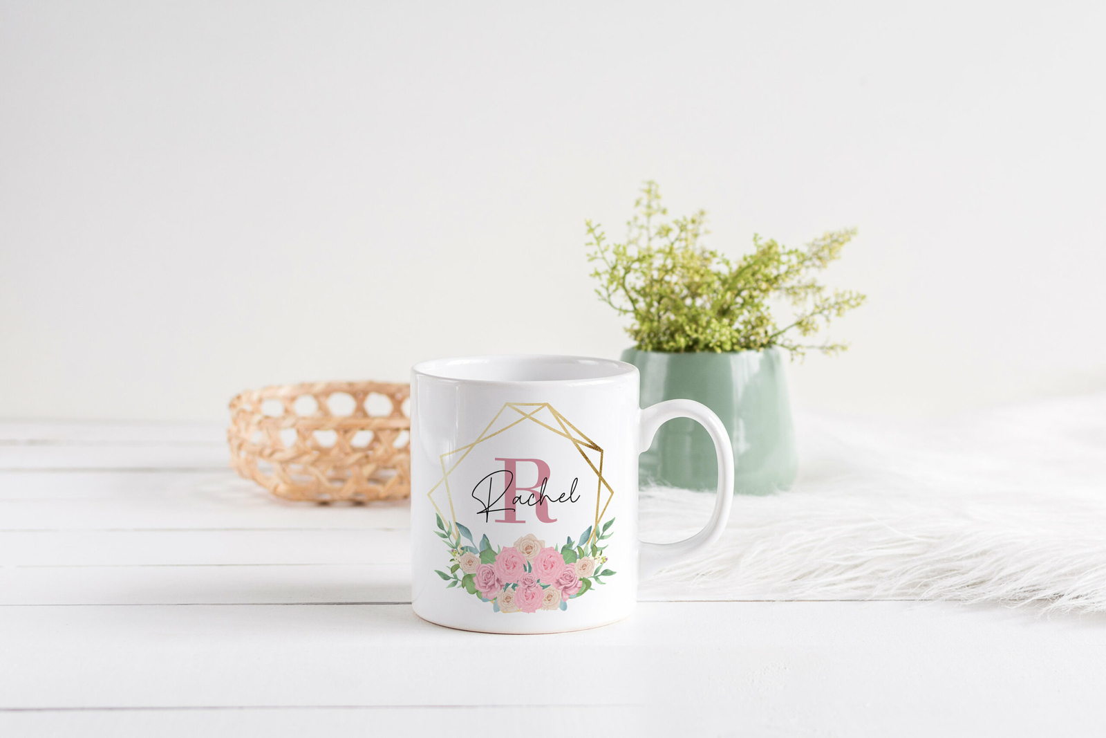 Personalised Name And Initial Geometric Pink Floral Mug Coffee Mug Mug Gift