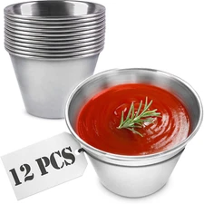 Round Stainless Steel Sauce Cup 12PCS 2.5 Oz Reusable Dipping Bowls with Lids