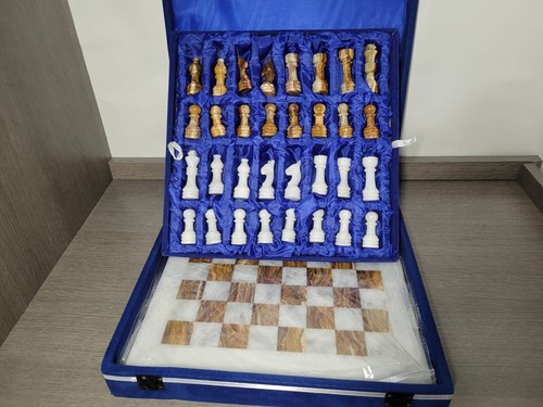 Chess Set 12" Autumn Red/Cinder White Onyx/Marble Handmade With Wood Case NEW! - Picture 4 of 18