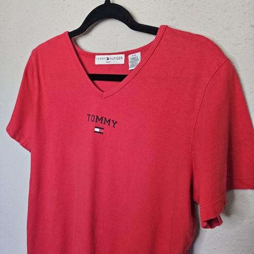 Tommy Hilfiger Womens L Large Red Tee Shirt Short Sleeve Logo Graphic Spellout - Picture 2 of 9