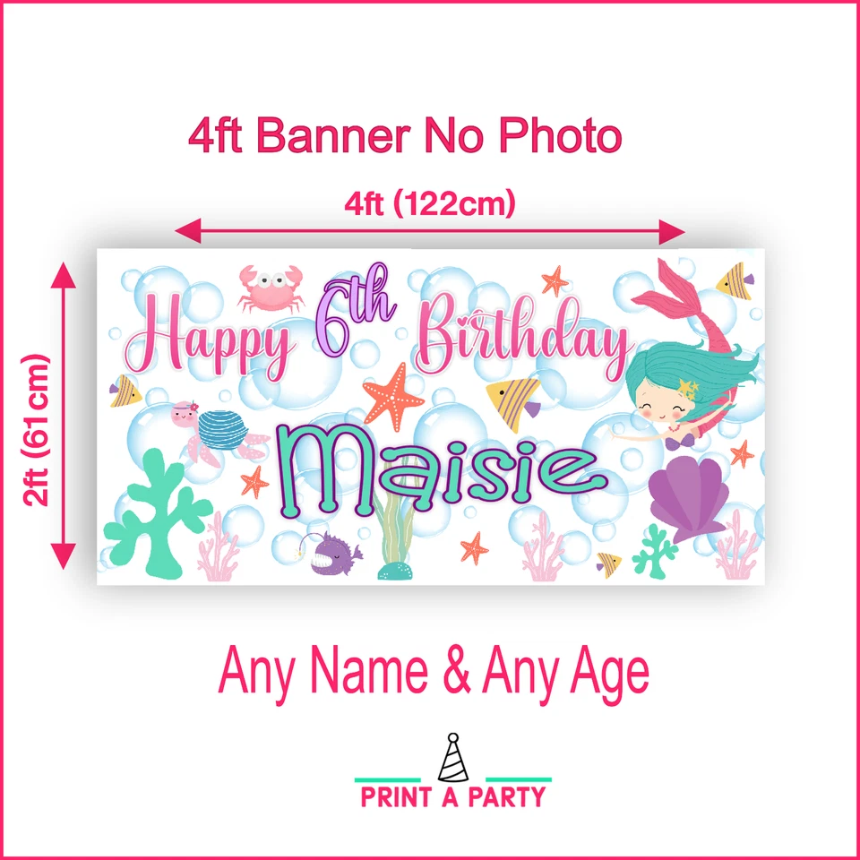 Personalised Mermaid Under The Sea Birthday Banner Photo Backdrop Pink Girls - Image 4 of 4