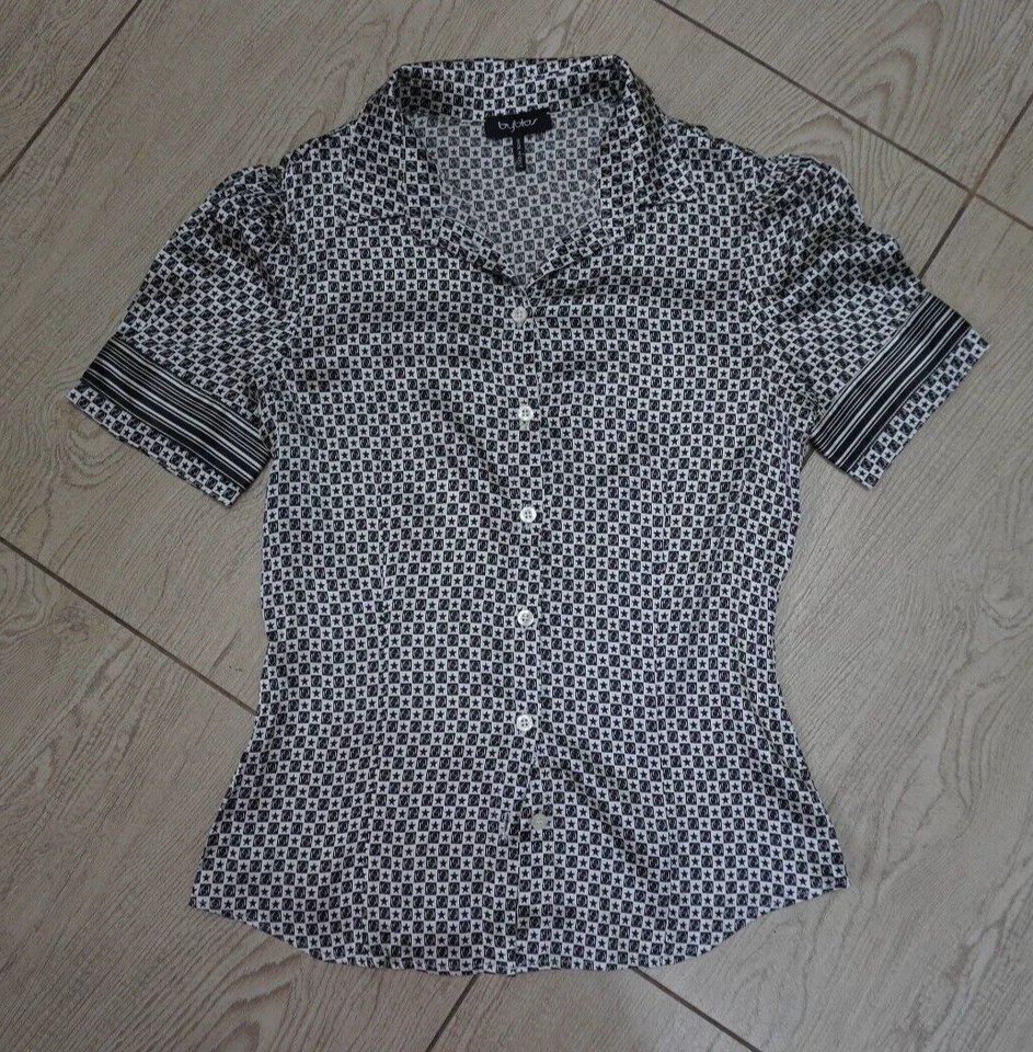 BYBLOS Talla XS Us 4 Camisa Seda Elástica Top Geométrica Manga Corta Foto 2 de 4