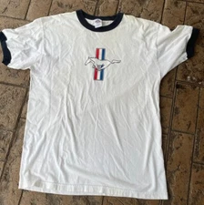 Ford Mustang White Graphic T-Shirt | Size Large L | Ford Emblem Logo Ring Neck