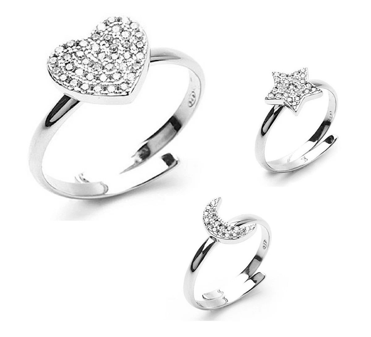 Anello Argento 925 donna Regolabile Luna stella cuore con