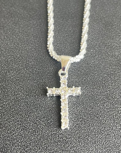 Cross Moissanite Necklace Pendant S925 Sterling Silver Plated Adjustable to 18"