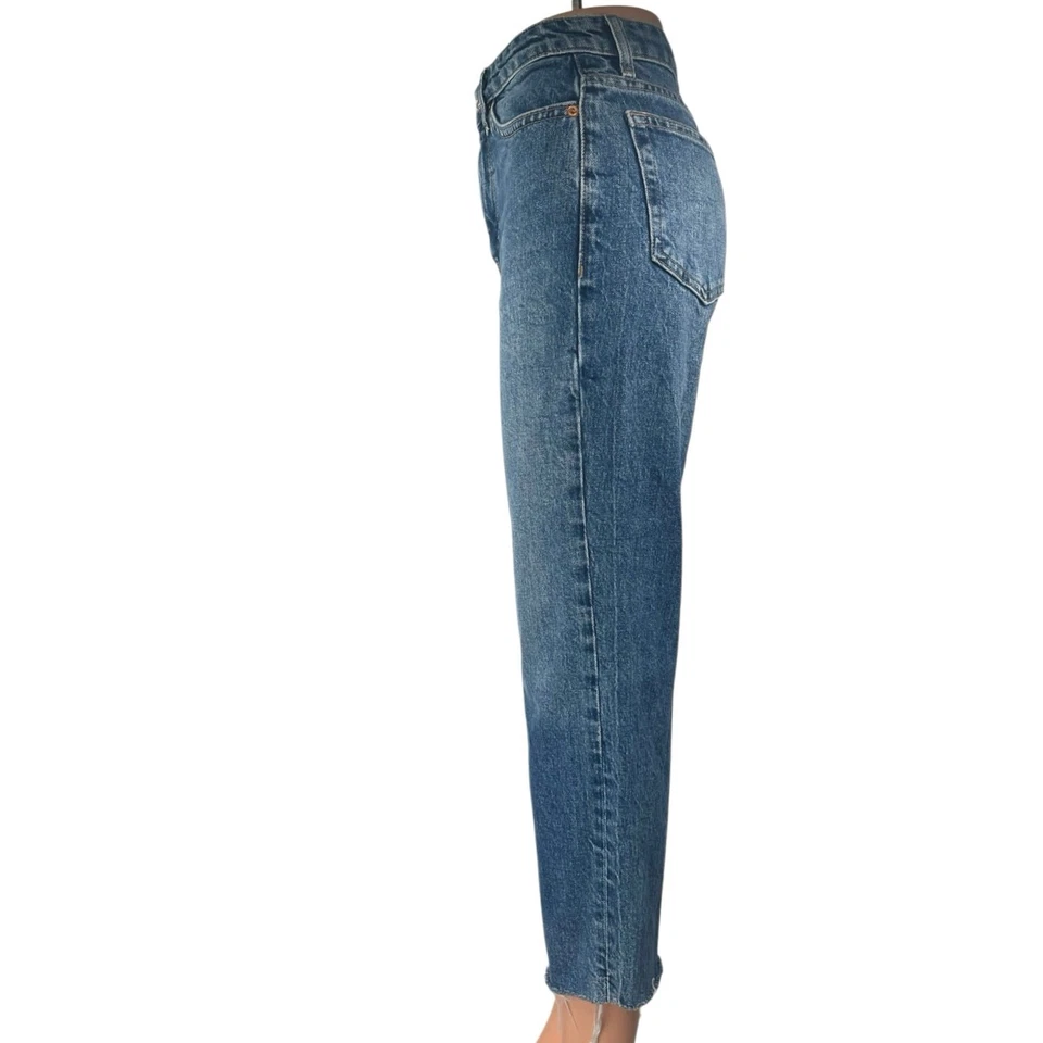 Topshop Women's Blue High Waisted Straight Leg Raw Hem Cropped Denim Jeans Sz 24 - Image 2 of 4