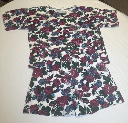 Vintage Women’s Purple Foral Shirt And Shorts Matching Set Size M - Foto 1 di 6