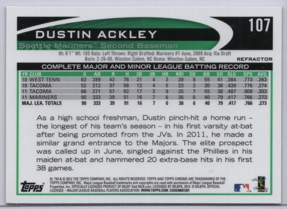 2012 Topps CHrome Orange Refractor #107 Dustin Ackley - Image 2 of 2