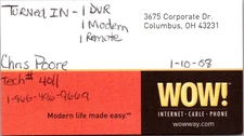 WOW Internet Cable Phone Columbus Ohio Vintage Business Card