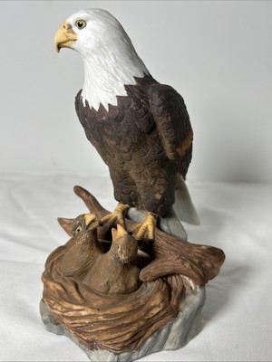 American Bald Eagle Statue Porcelain Perched On  Branch With Babies In Nest