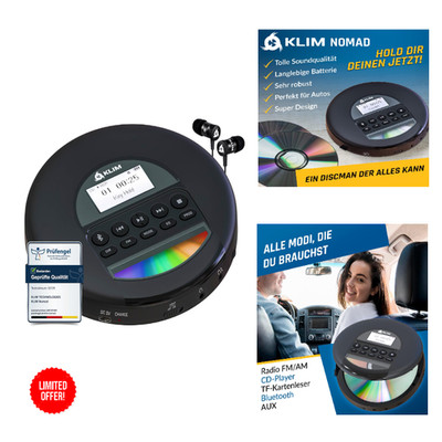 KLIM Nomad Bluetooth CD Player mit TF-Reader FM Radio Tragbarer Musik-Player