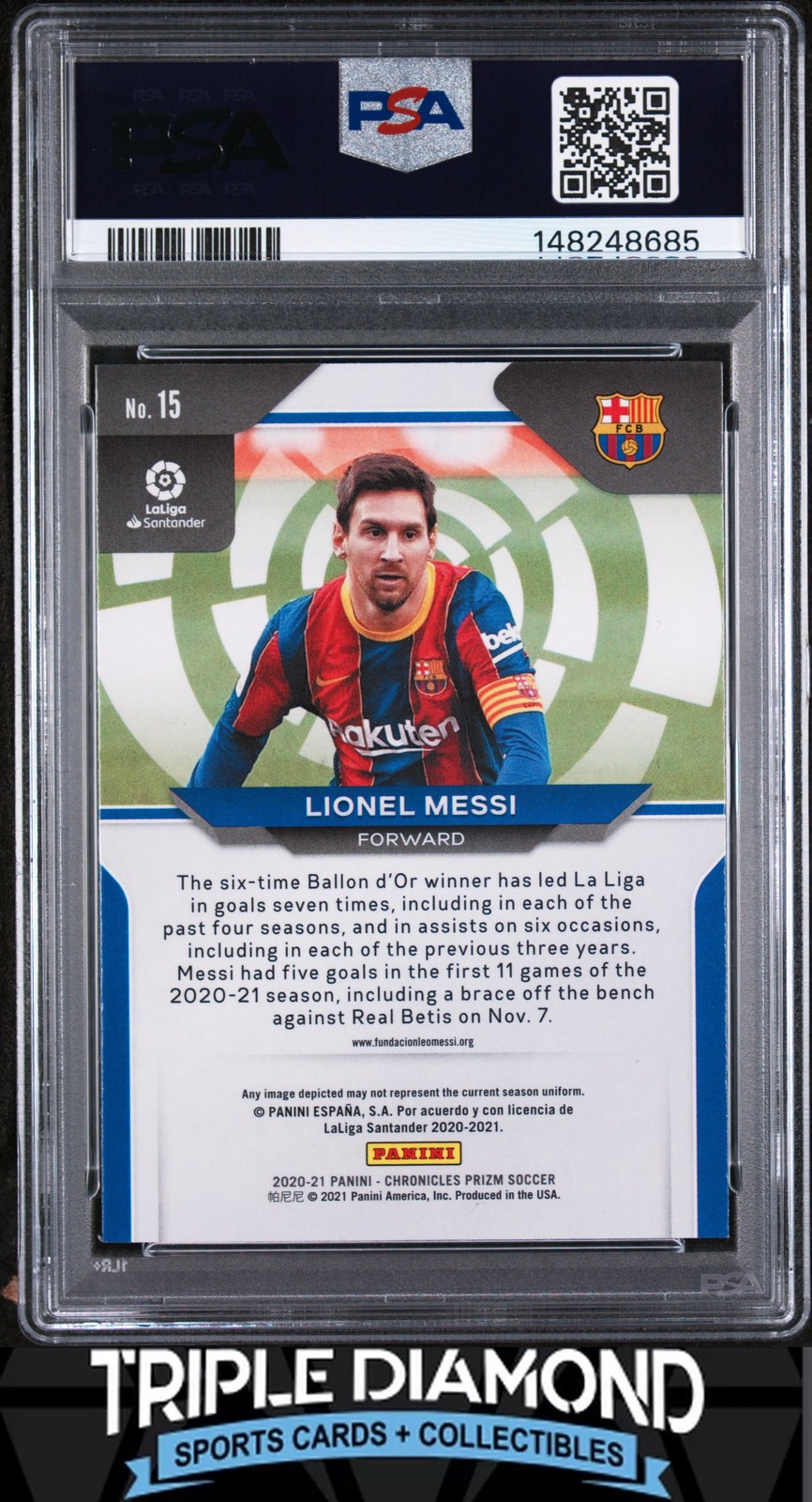2020 Panini Chronicles Prizm La Liga Lionel Messi FC Barcelona PSA 9 Mint AF728 view 2