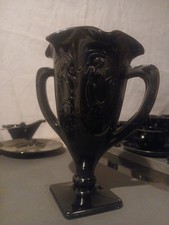 LE Smith Black Amethyst Glass Trophy Vase Dancing Nymphs 7 Inches