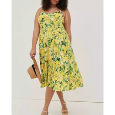 Torrid Yellow Lemon Print Tiered Midi Dress Cottagecore Sundress Plus Size 4X