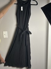 NWT Talbots Womens Belted Maxi Dress M Crochet Detailed 100% Cotton Slits Black