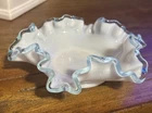 Fenton Blue Aqua Crest Ruffled Edge Milk Glass Candy Trinket Dish Bowl 2" x 6"