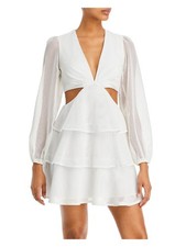AQUA Womens White Side Cut Outs Lined Long Sleeve Short Fit + Flare Dress 2