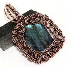 Copper Wire-Wrapped Fiery Labradorite Ethnic Pendant Jewelry Size 2.6" GW
