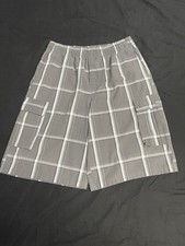 Shaka Wear Gray White Plaid Cargo Shorts Cotton Polyester Drawstring Pockets