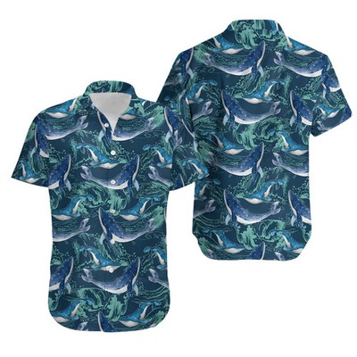 Ocean Blue Whale Marine Life Tropical Hawaiian Shirt Men Sea Animal Beach