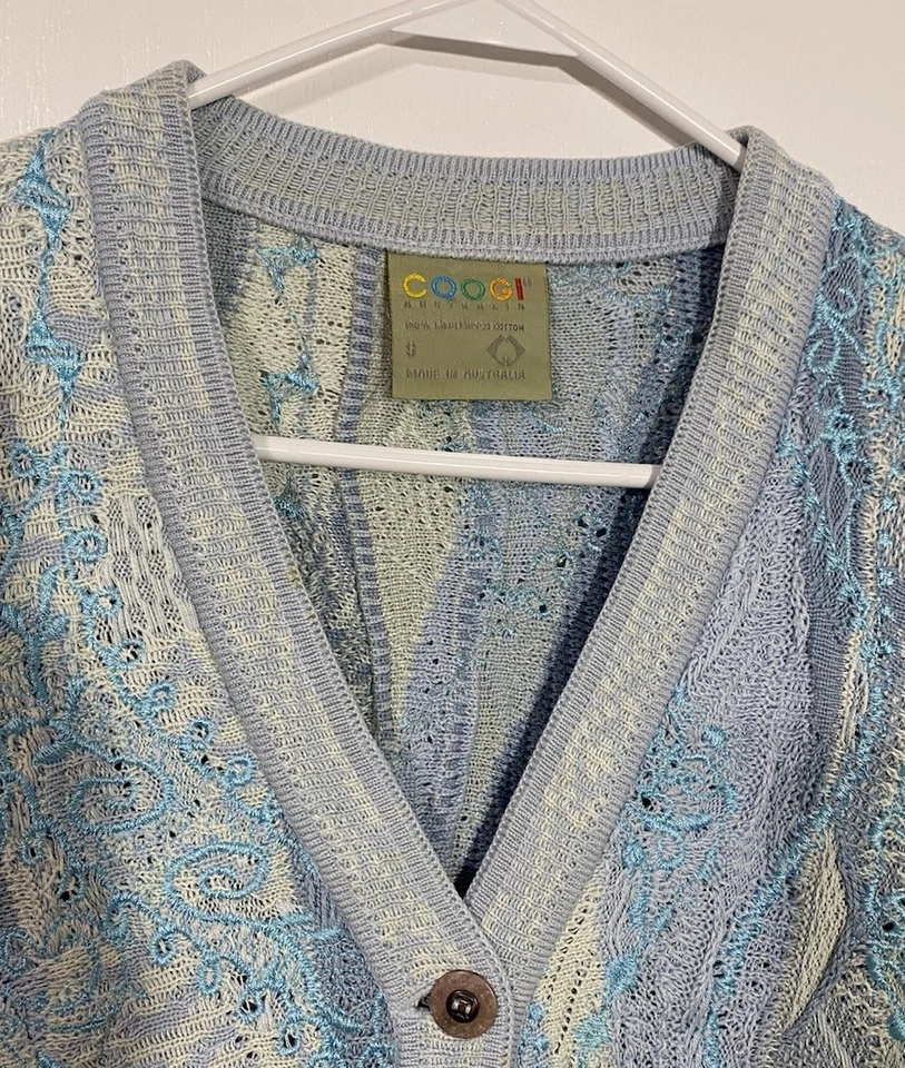 复古 90 年代 Coogi 澳大利亚 3D 纹理针织开衫冰蓝色绿松石 S — 第 3/4 张图片