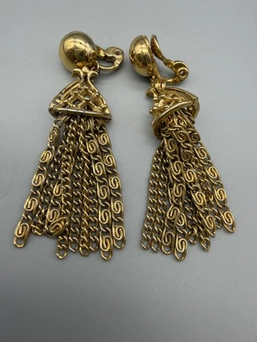 Vintage Monet Tassel Clip-On Earrings Gold Tone Costume Jewelry 2" L