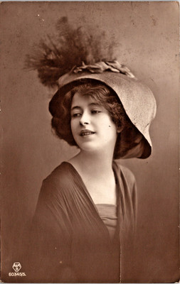 RPPC Sepia Tone Pretty Girl Flapper Large Straw Hat Feathers Studio B-210