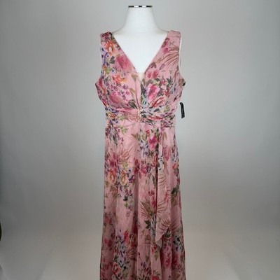 NWD R&M Richards Pink Floral Crinkle Pleated Maxi Gown Dress Size 14 Wedding