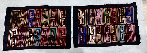 Dos Kuna Mola vintage, negro con patrones de colores brillantes cosidos a mano - Imagen 1 de 7