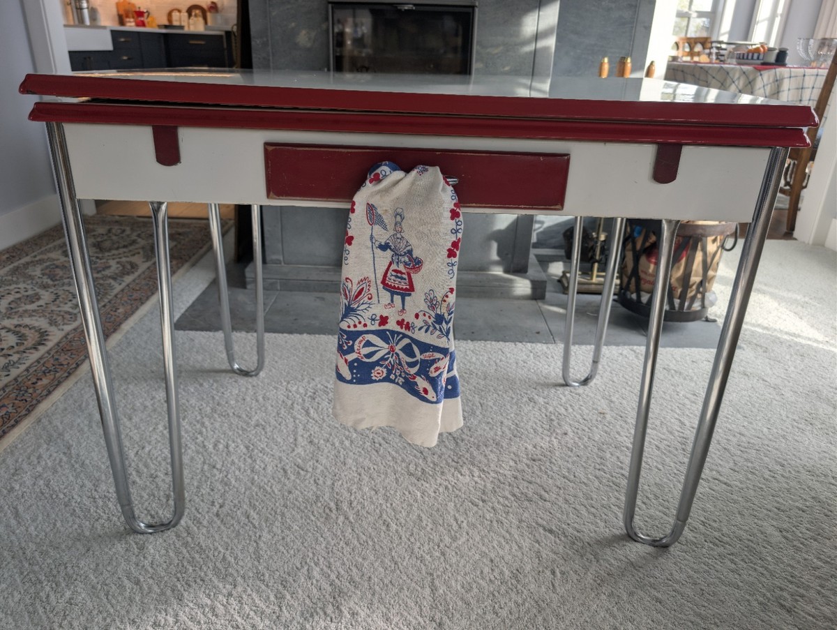30s/40s Enamel Top Kitchen Table Red & White Porcelain Drop Leaf