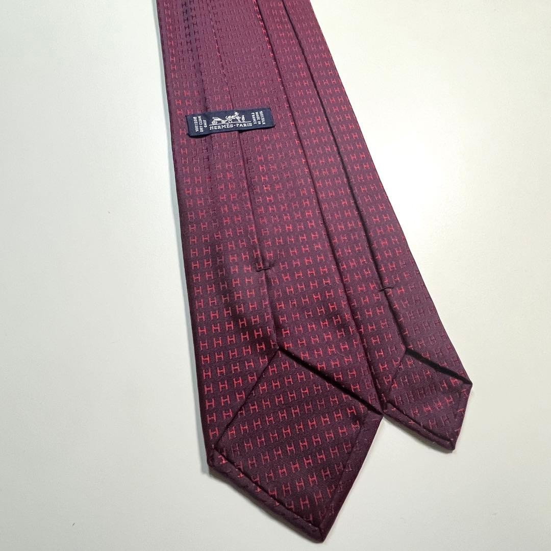 Hermès Fassonné H Pattern Tie Bordeaux Men's Luxury Silk Used thumbnail 6