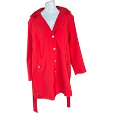 Dennis Basso Regular Water Resistant Trench Coat Hood Tomato Red XL Petite NWOT
