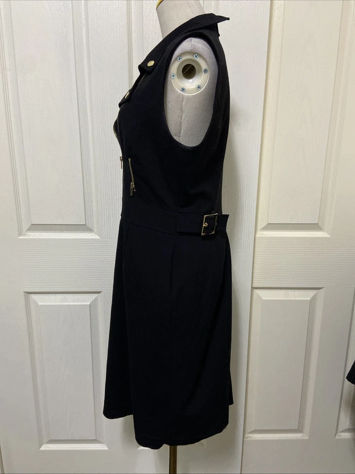 CALVIN KLEIN Black Sleeveless Moto Sheath Dress ~ Size 10 Gold Zippers & Buckles - image 2 of 4