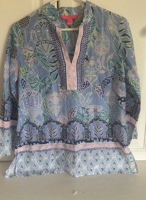 Lilly Pulitzer Asani Tunic Top Blue Peri Lapis Lanterns Silk Blouse Size XS EUC