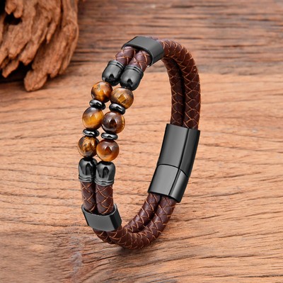 New Quartz & Tiger Eye Beaded Bracelet w/ Steel Buckle   Unisex Jewelry