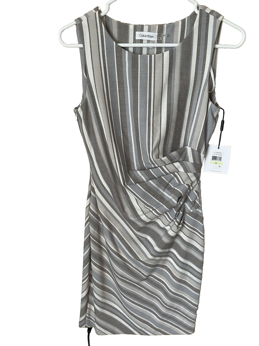 calvin klein grey striped dress Gray Striped Cap Sleeve Sheath Dress by Calvin Klein SilkRoll