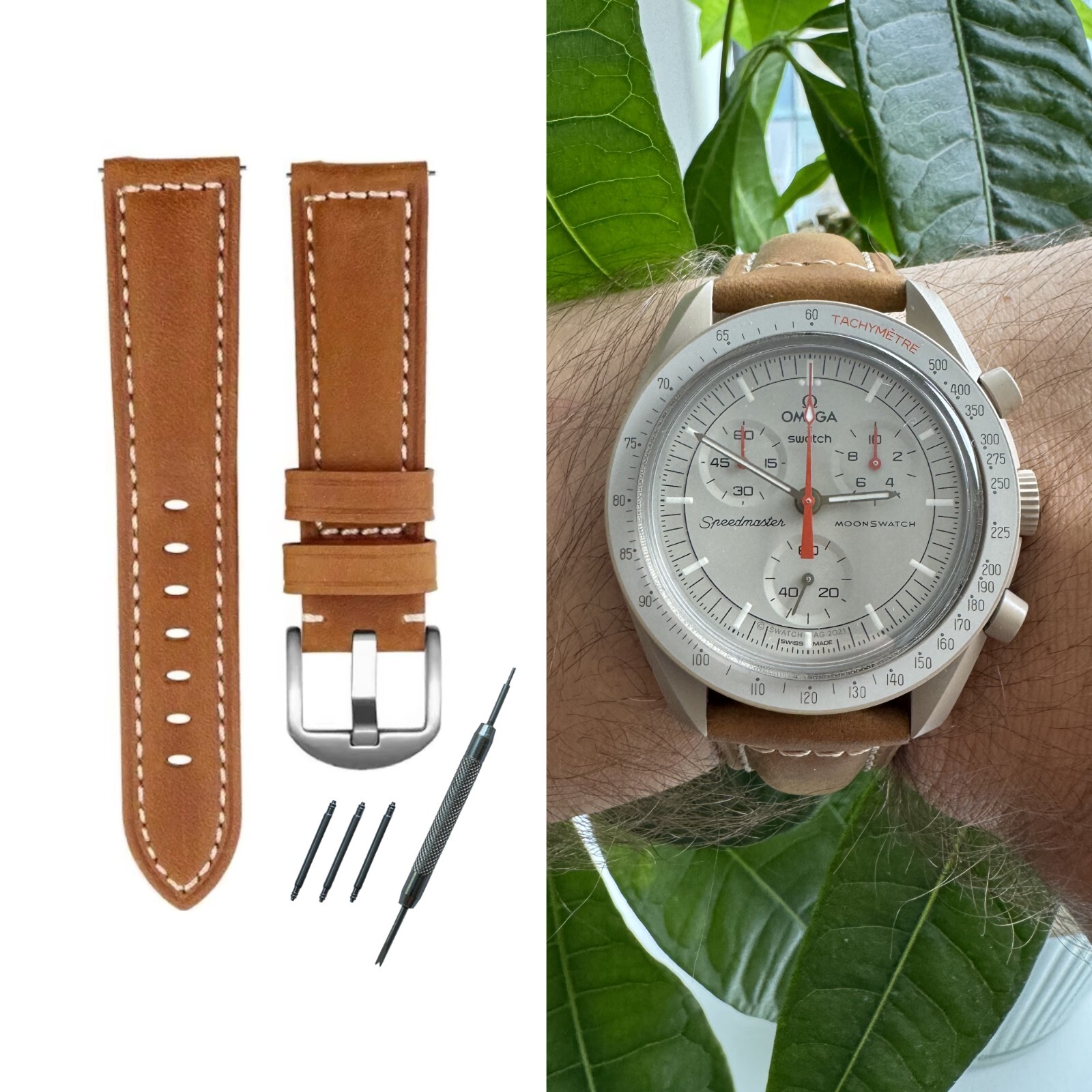 Bracelet MoonSwatch cuir marron clair idéal pour le style casual chic quotidien